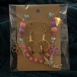 Pink & Purple Beaded Tinkerbell Charm Necklace with Flower Accents